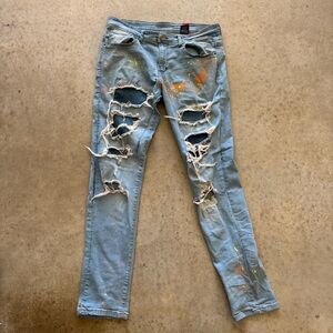 Distressed Light Blue Paint Splatter Jeans
